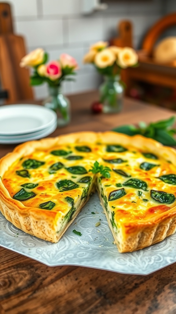 A slice of crustless spinach quiche with cheese and leafy greens on a wooden table.